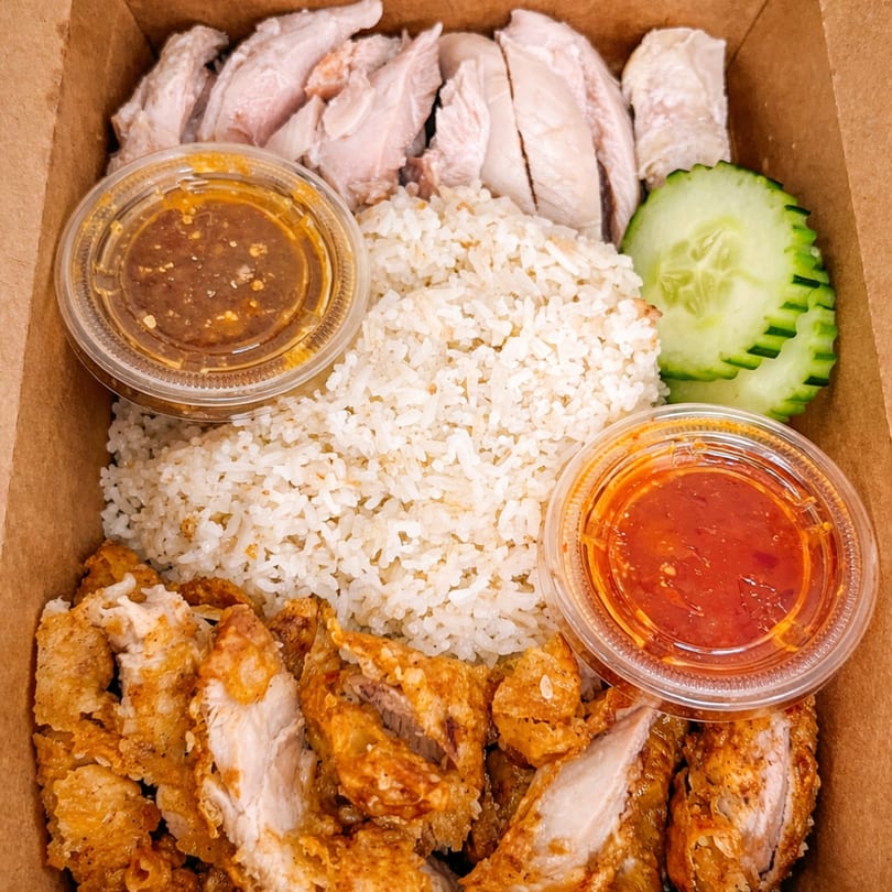 Hainanese chicken rice with steamed and fried chicken, rice, cucumber, and two sauces in a takeout box.
