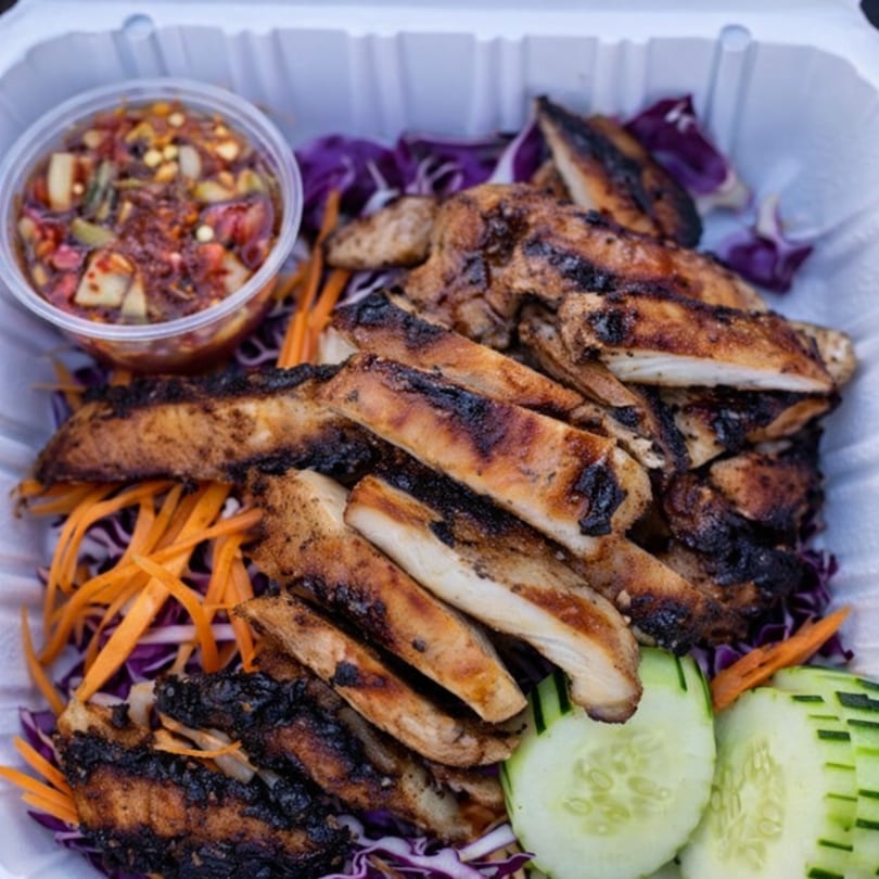 Grilled chicken slices with shredded carrots, red cabbage, cucumber, and a side of dipping sauce.