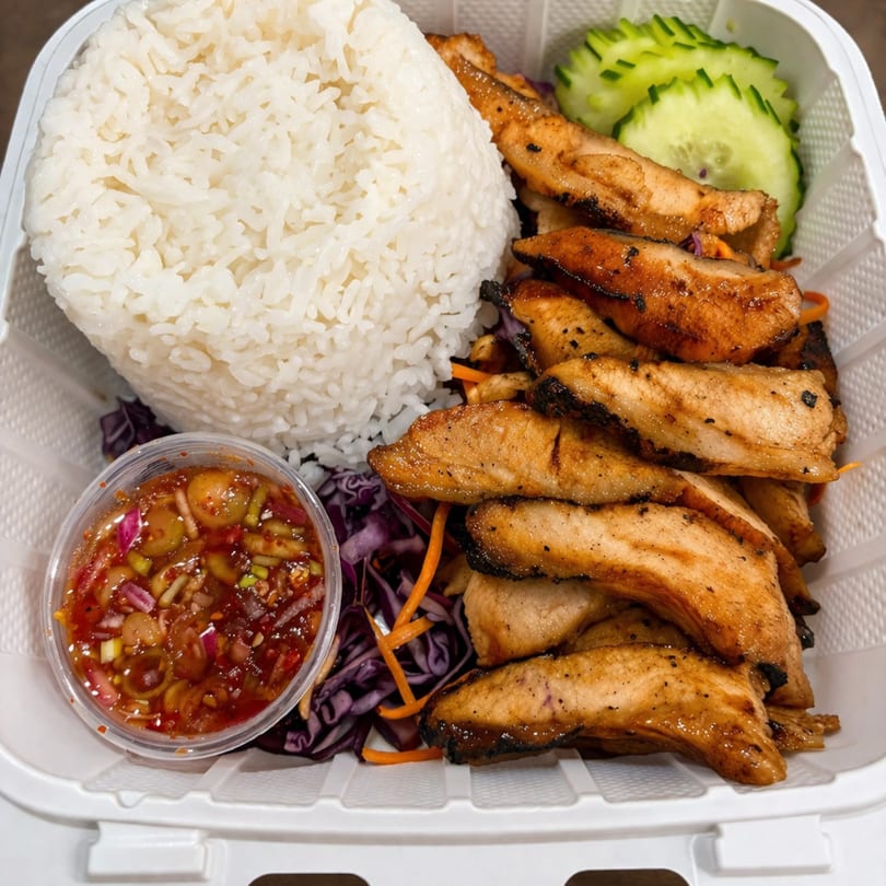Grilled chicken with white rice, cucumber slices, and a side of chili sauce in a takeout container.