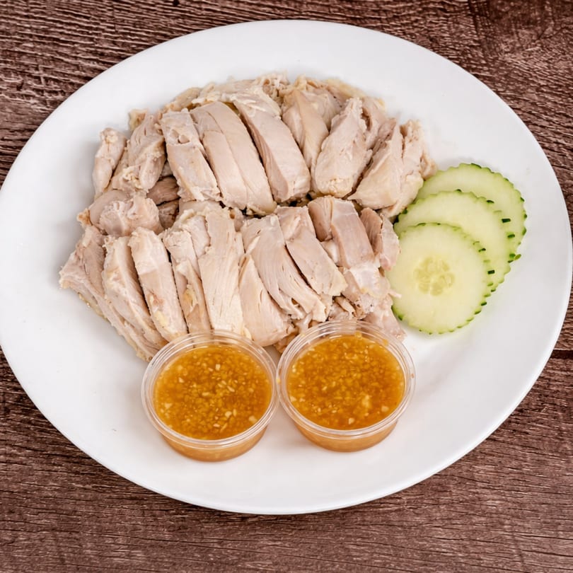 Sliced chicken breast with two small cups of sauce and cucumber slices on a white plate.