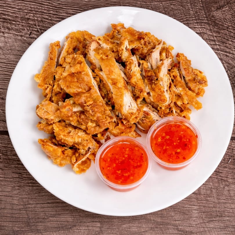 Crispy fried chicken pieces with two small cups of red chili sauce on a white plate.