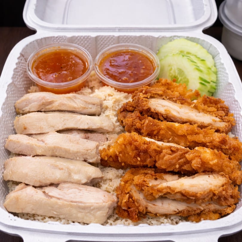 Khao Man Gai in a takeout container with steamed and fried chicken, rice, sauces, and cucumber.
